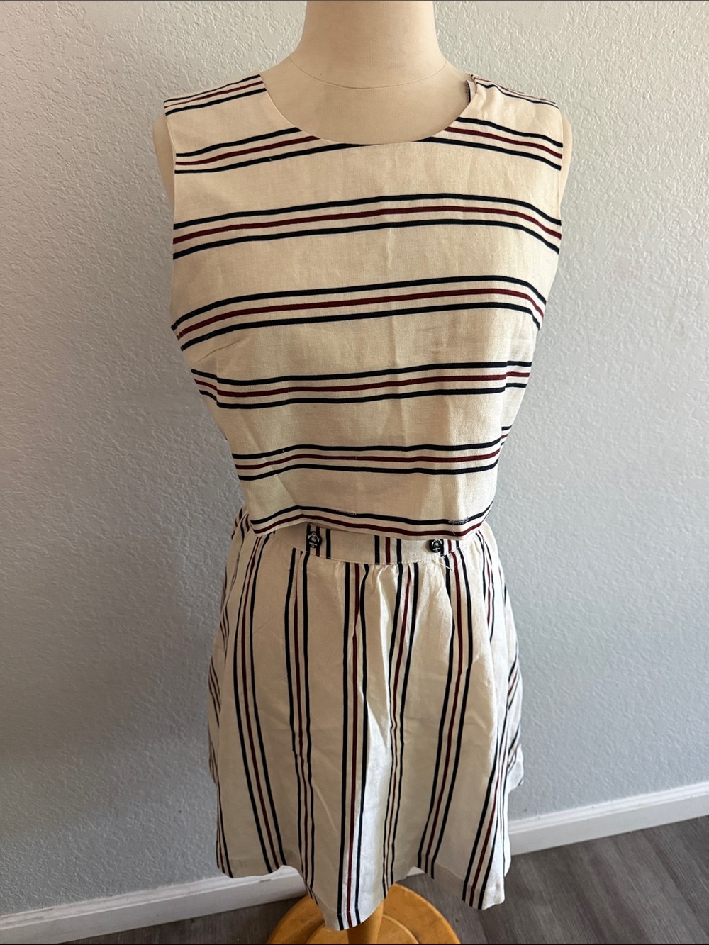 100% linen Striped Cream Sleeveless Dress with Black and Red Accents